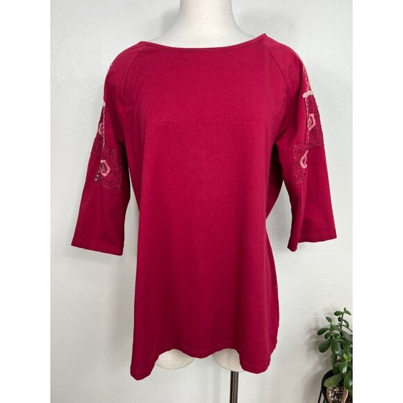April Cornell Tops - April Cornell Womens Red 3/4 Sleeve Patchwork Embroidered Top Size XL Stret